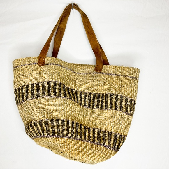Woven Straw Tote Natural Stripe Leather Handle Market Bag - Picture 3 of 7